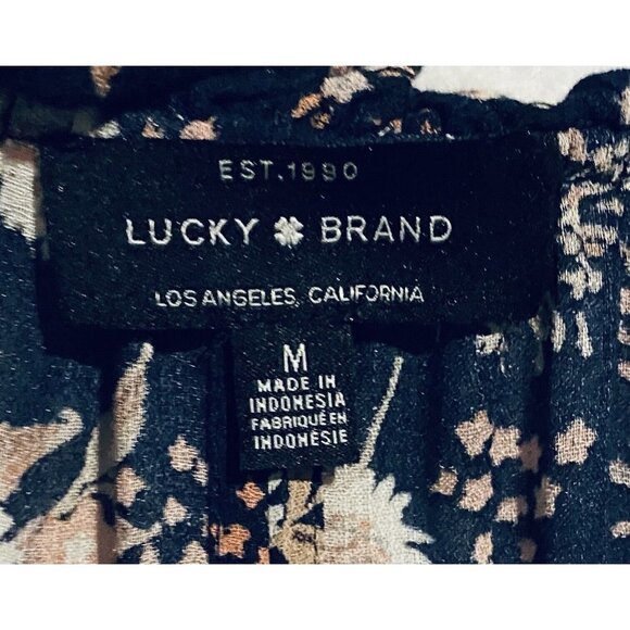 Lucky Brand Top Womens Medium Blue Floral Tie Neck Bell Sleeve Boho Peasant - Picture 5 of 7